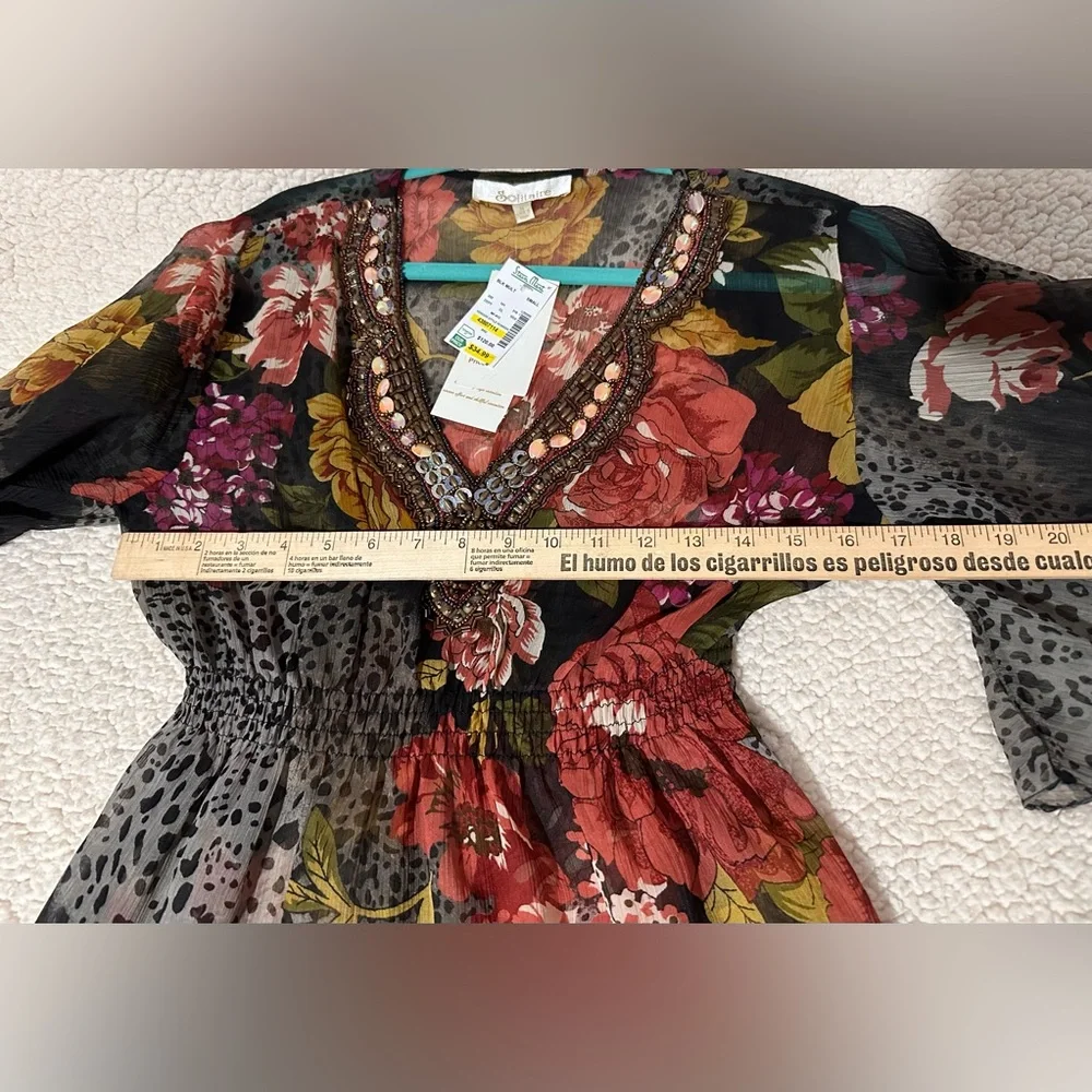 Vintage Solitaire Beaded Floral Sheer Blouse Top Animal Print Butterfly Sleeves - Picture 6 of 12